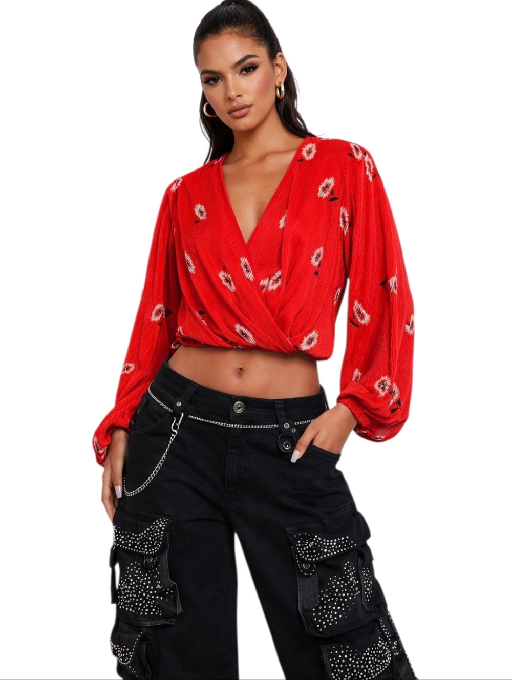 ASTR The Label Red Floral Wrap Crop Top Pleated Romantic Long Sleeve Sz.M